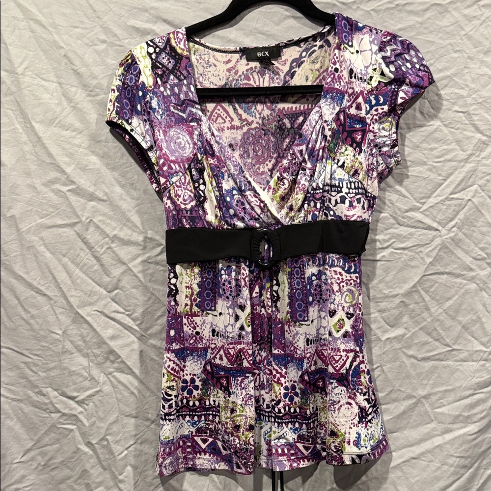 BCX Women's Purple and Black Patterned Blouse
